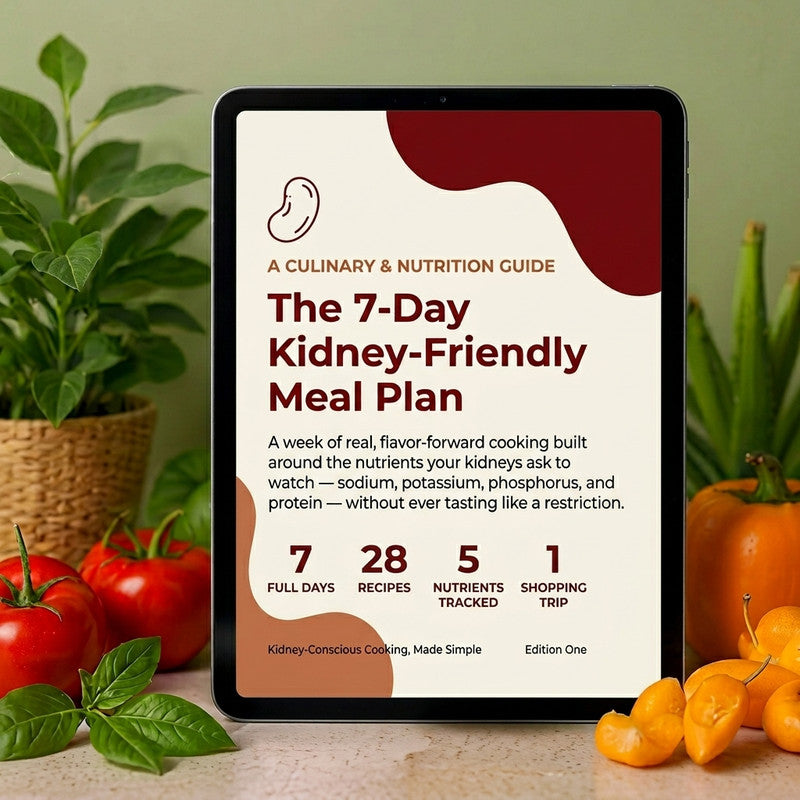 7-Day Kidney-Friendly Meal Plan PDF cover - 28 CKD recipes with weekly shopping list